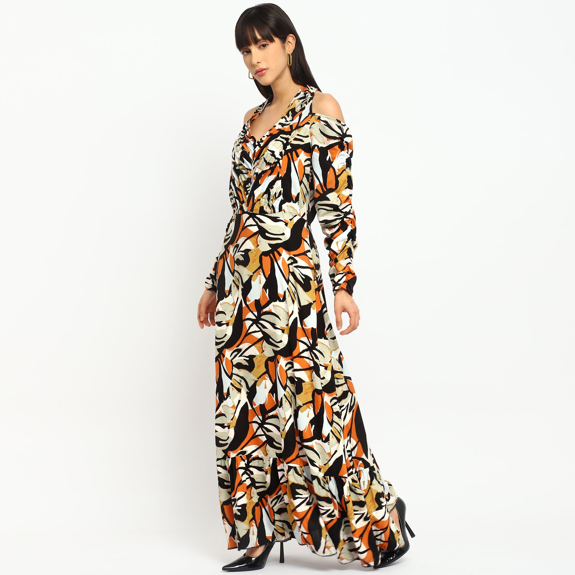 Tropical Rhapsody Cold-Shoulder Maxi Dress
